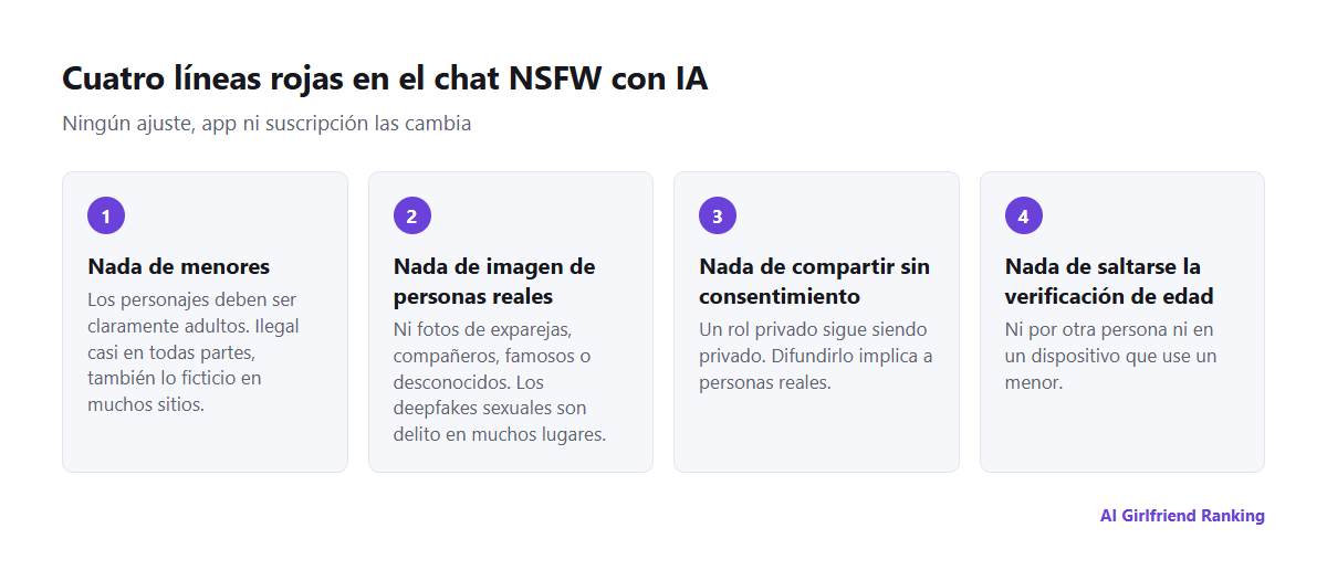 Cuatro líneas rojas en el chat NSFW con IA: nada de menores, nada de la imagen de personas reales, nada de compartir sin consentimiento y nada de saltarse la verificación de edad