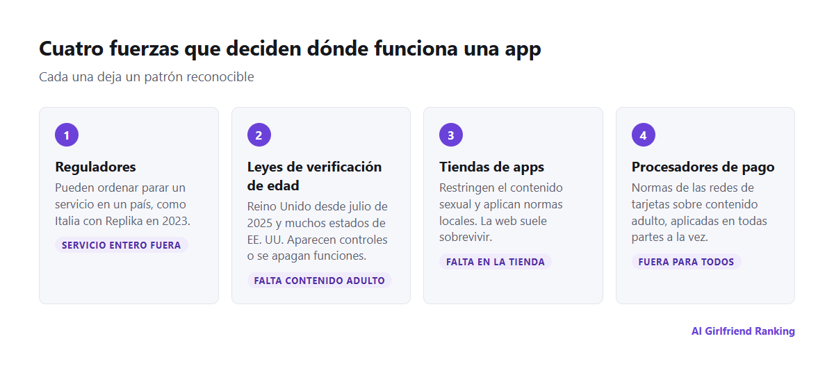 Cuatro fuerzas que restringen las apps de IA de compañía por países: reguladores, leyes de verificación de edad, tiendas de apps y procesadores de pago