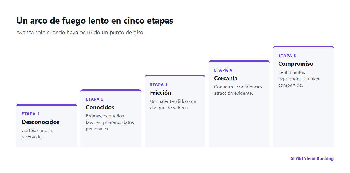 Un arco de relación en cinco etapas, de desconocidos a conocidos, fricción, cercanía y compromiso, con un punto de giro entre cada una