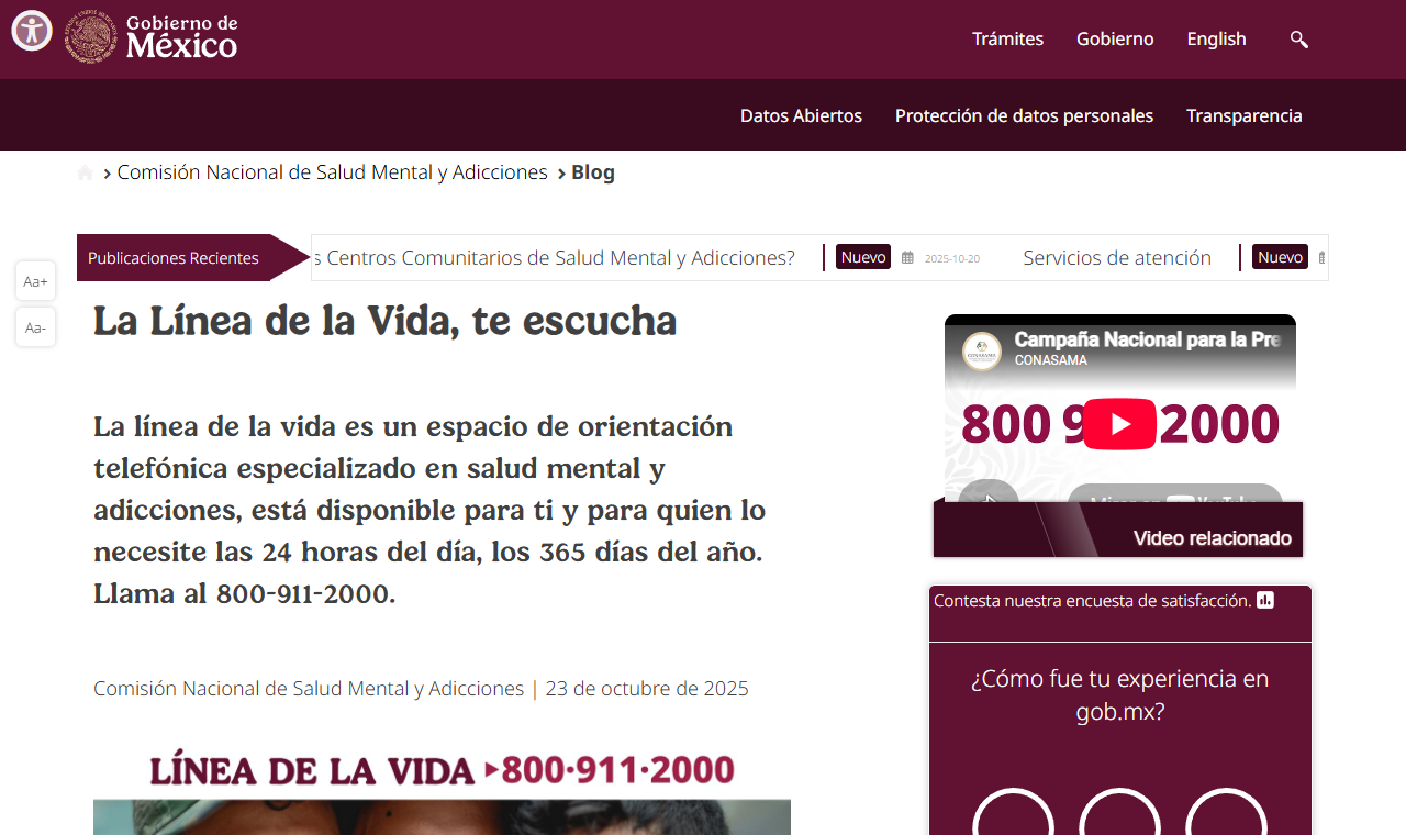 Página de la Línea de la Vida (800 911 2000) de la Secretaría de Salud, operada por CONASAMA