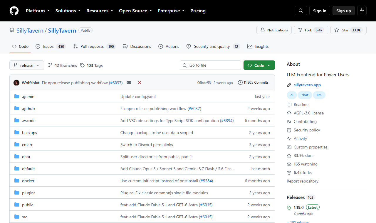 La página del proyecto SillyTavern en GitHub