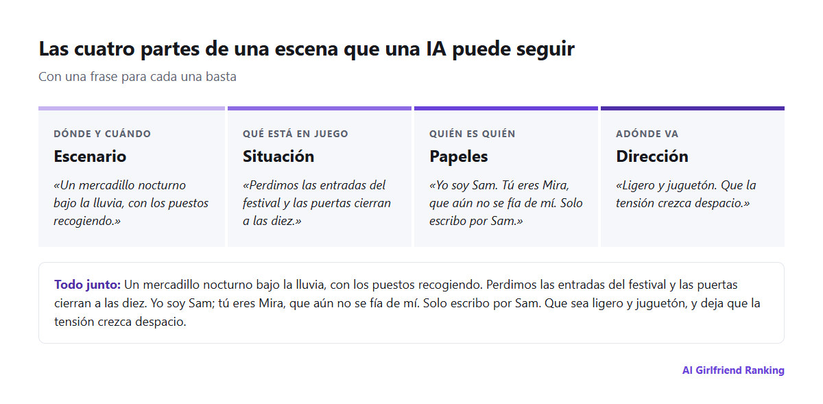 Diagrama de las cuatro partes de un prompt de escena de rol: escenario, situación, papeles y dirección, cada una con un ejemplo de una línea