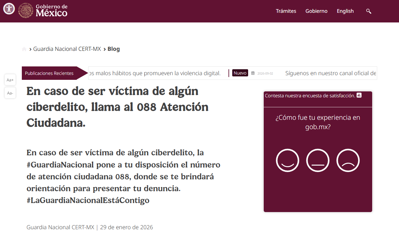La página de la Guardia Nacional para denunciar ciberdelitos llamando al 088